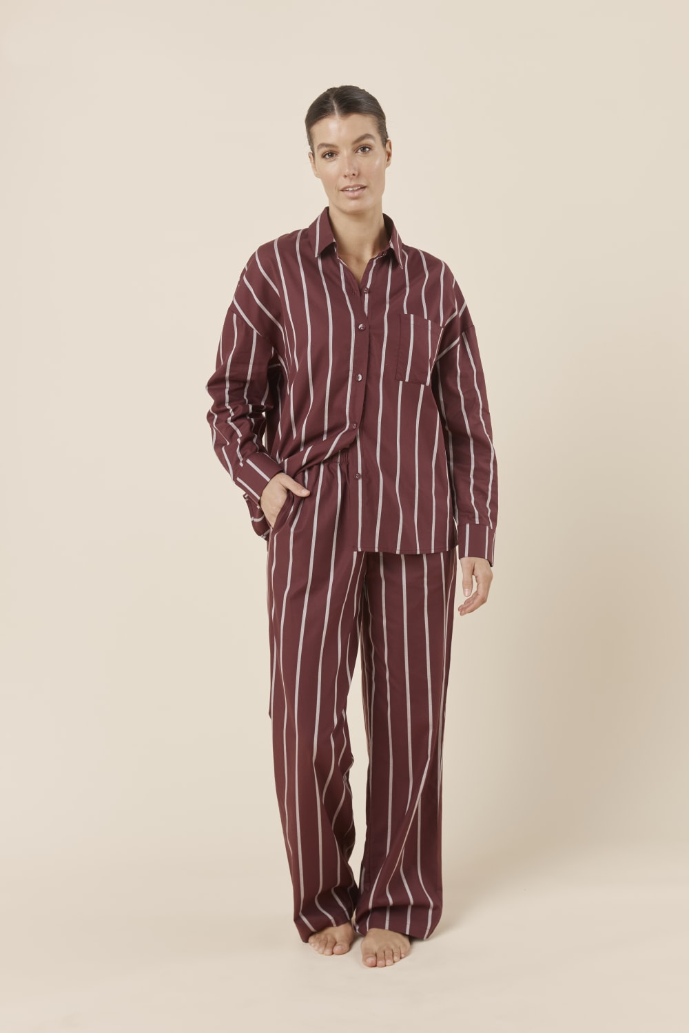 Chloe Cotton Striped PJ Set - Burgundy
