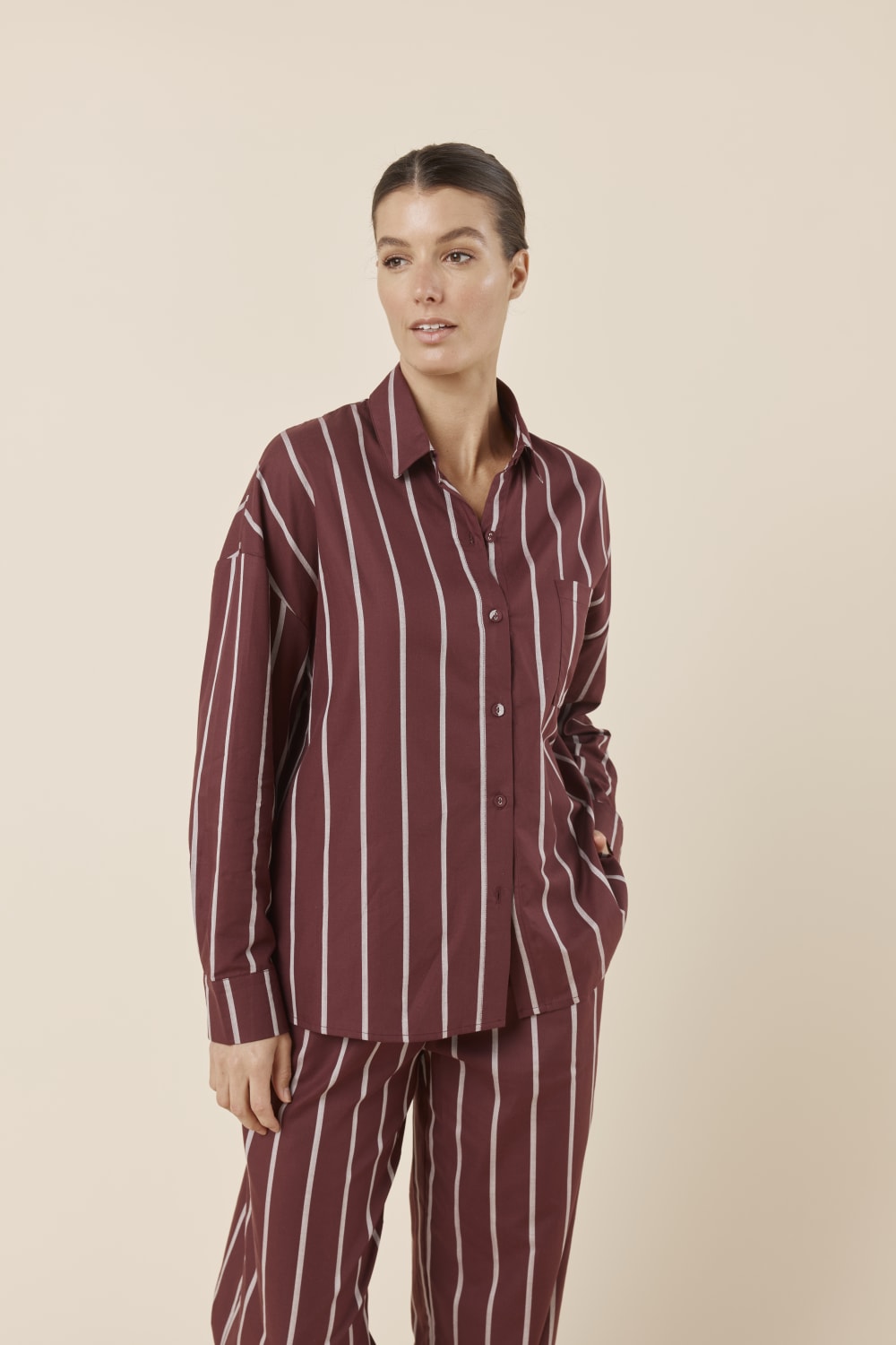 Chloe Cotton Striped PJ Set - Burgundy