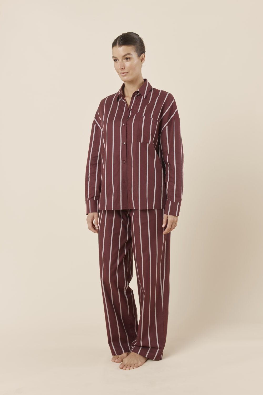 Chloe Cotton Striped PJ Set - Burgundy