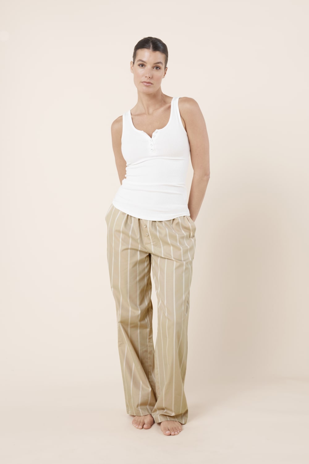 Chloe Cotton Striped PJ Set - Biscuit
