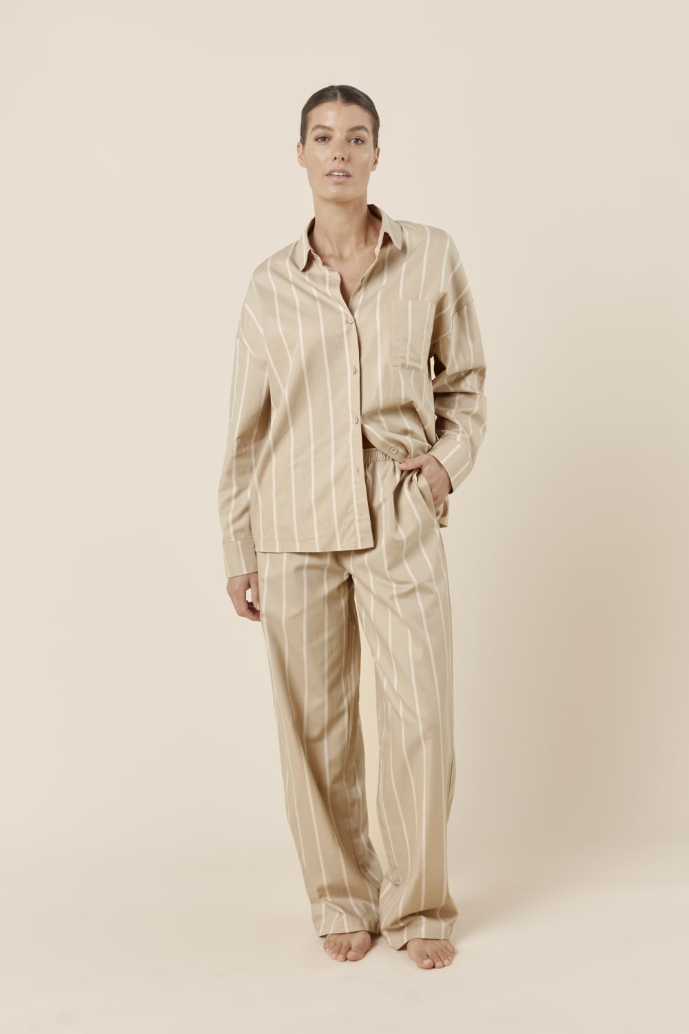 Chloe Cotton Striped PJ Set - Biscuit