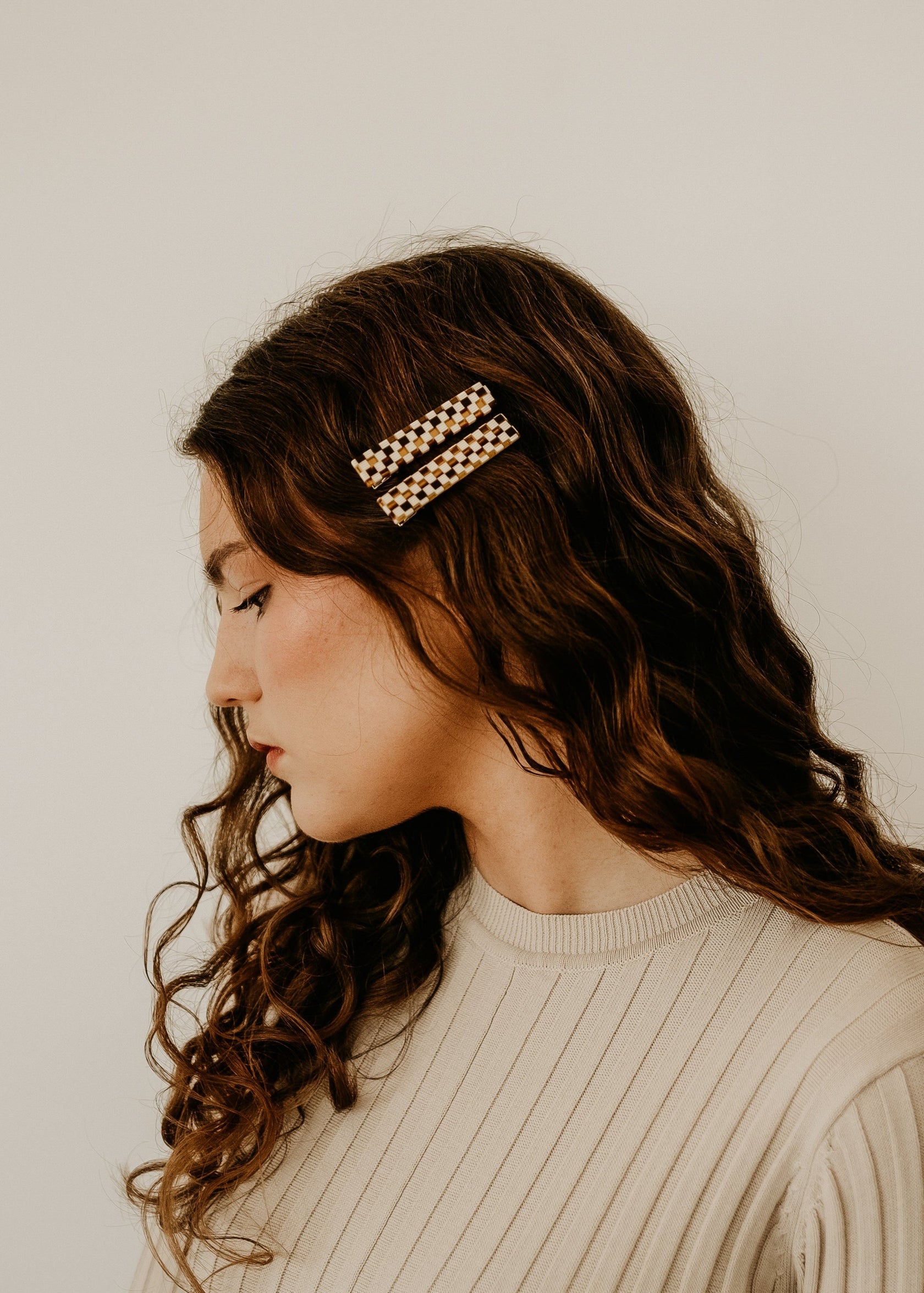 Olympia Emma Hair Clips - Amber/Cream Checker