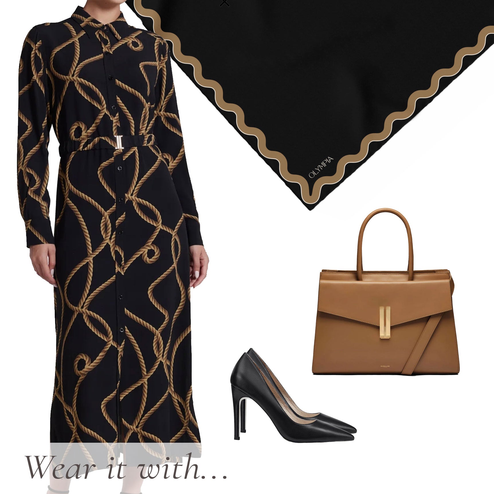 Olympia Sophie Midi Scarf - Ebony/Gold
