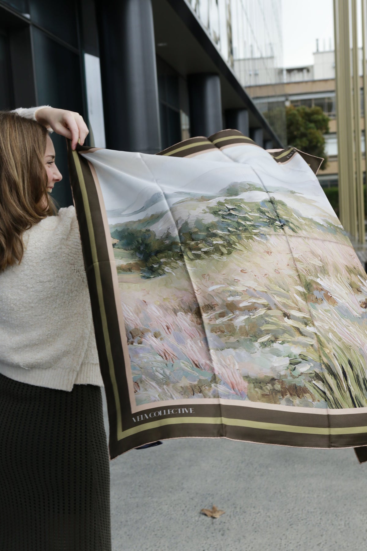 Vela Collective Olive Landscape Silk Scarf