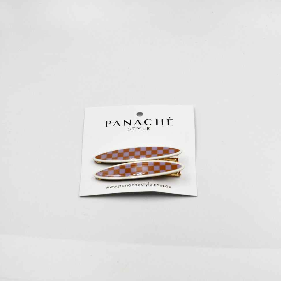 Panache Maya Oval Clips - Lilac and Tan Checker