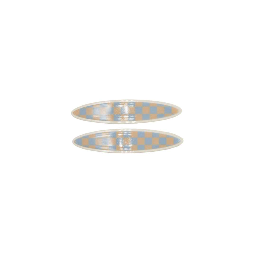 Panache Maya Oval Clips - Blue and Beige Checker