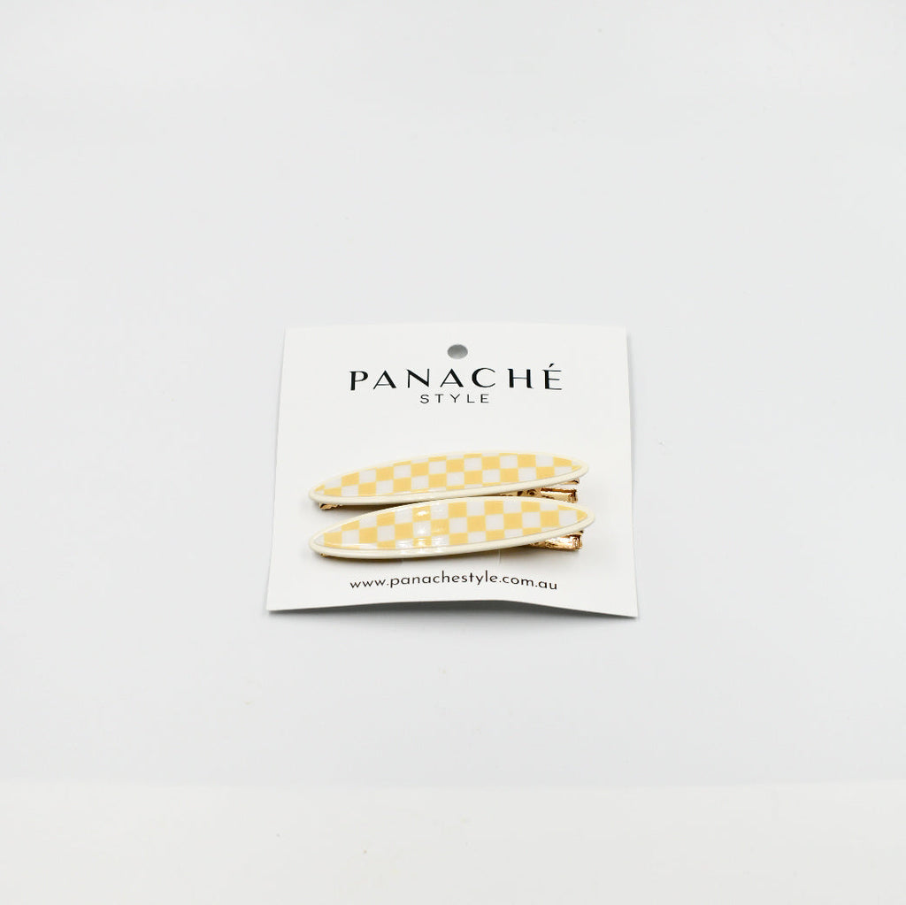 Panache Maya Oval Clips - Lemon and White Checker