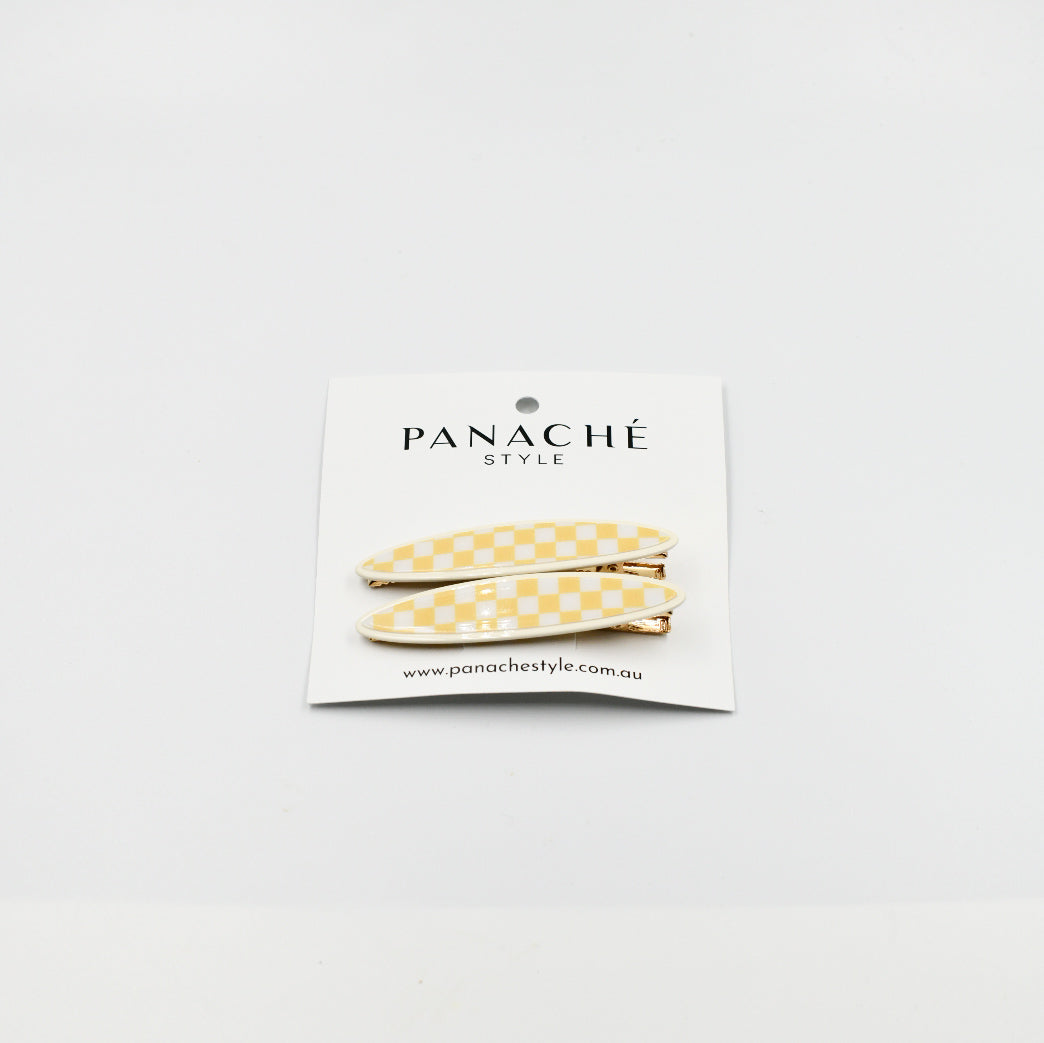Panache Maya Oval Clips - Lemon and White Checker