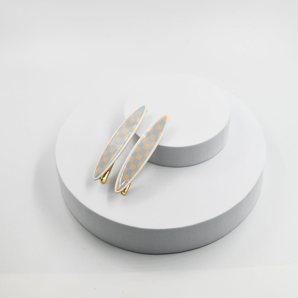 Panache Maya Oval Clips - Blue and Beige Checker