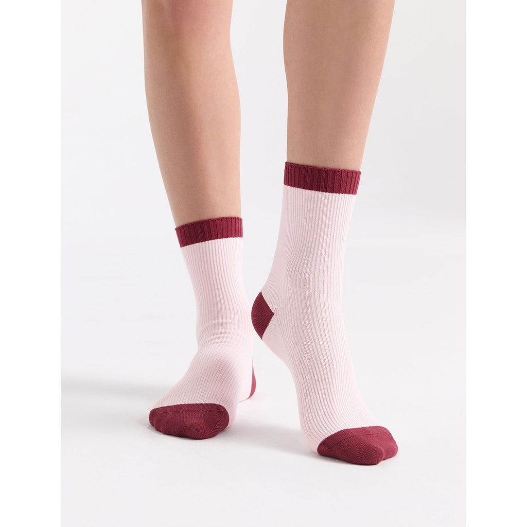 Ambra Organic Cotton Two Tone Rib Crew Sock - Dahlia