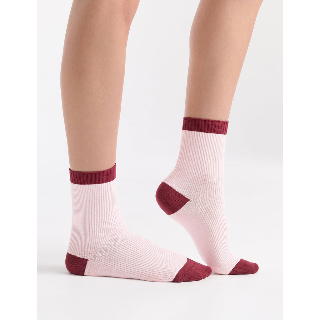 Ambra Organic Cotton Two Tone Rib Crew Sock - Dahlia
