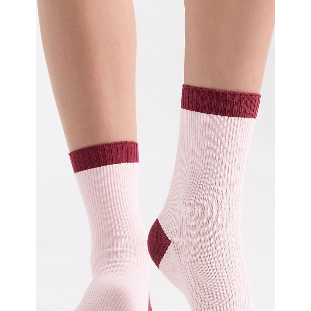 Ambra Organic Cotton Two Tone Rib Crew Sock - Dahlia