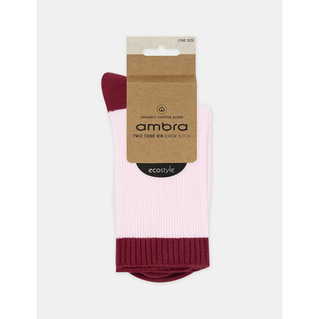 Ambra Organic Cotton Two Tone Rib Crew Sock - Dahlia