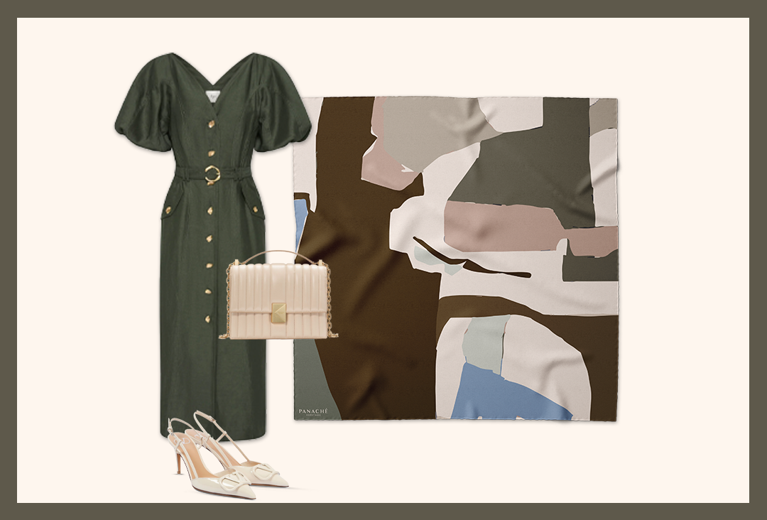 Panache Art Collective In Olive And Beige Silk Scarf